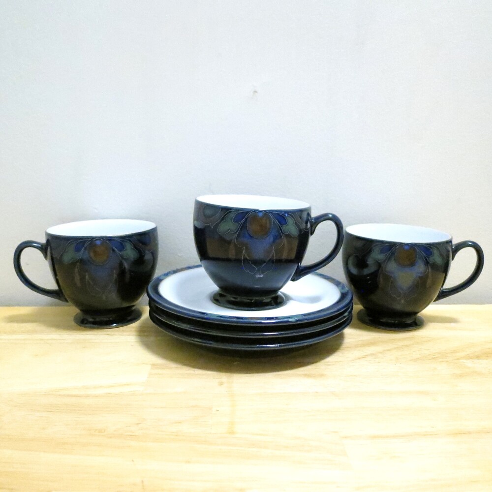 X3 Denby Baroque England Footed Tea Coffee Cups & Saucers Cobalt Blue Flower